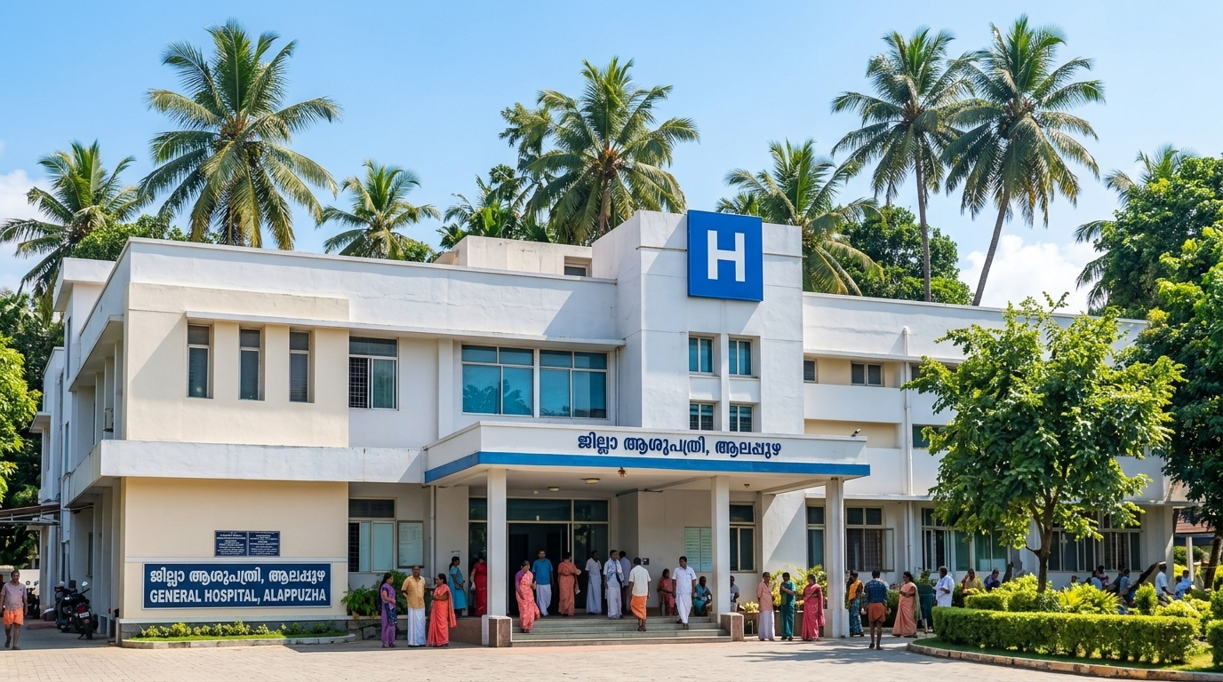 General Hospital, Alappuzha building facade with blue H emblem